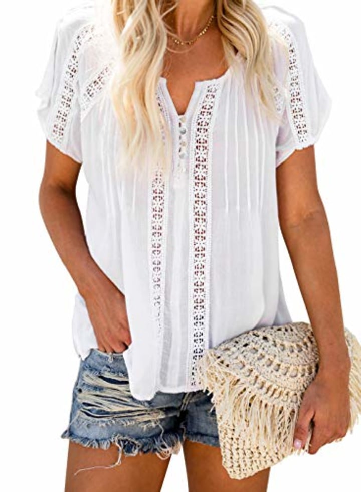 Dokotoo Women&#039;s Cute 2023 Spring Summer Button V Neck Lace Crochet Eyelet Flowy Short Sleeve Blouses Fashion Solid Casual Loose T Shirts Tops Large White