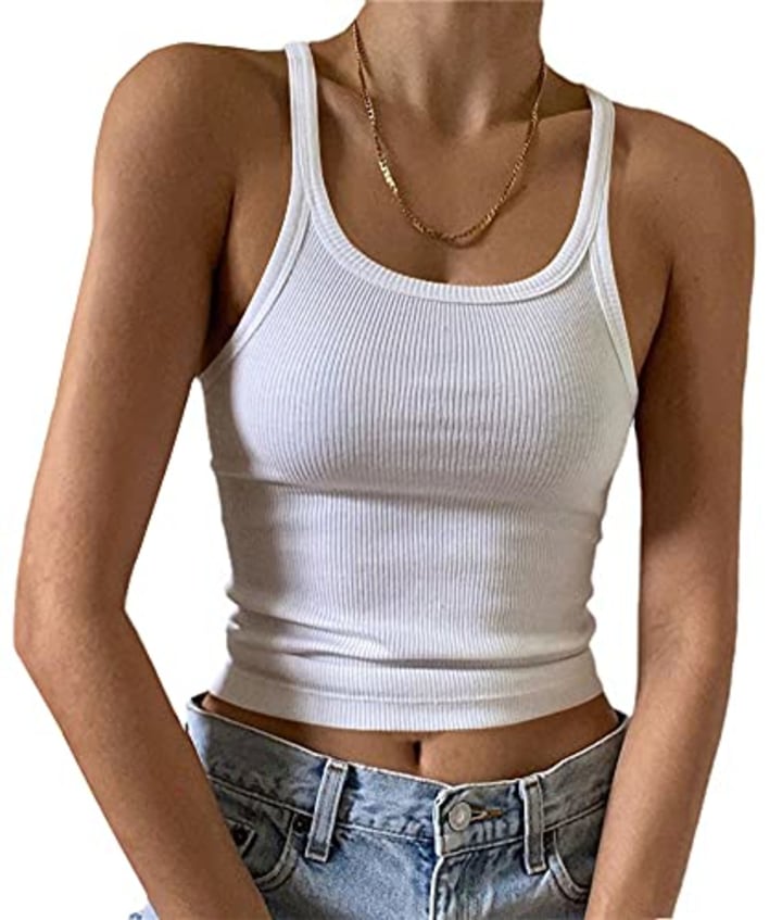 Artfish Women&#039;s Sleeveless Tank Top Form Fitting Scoop Neck Ribbed Knit Basic Cami Tight Fitted White S