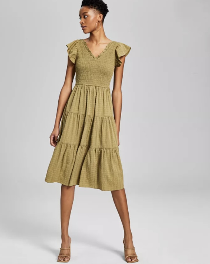 Smocked Flutter-Sleeve Midi Dress