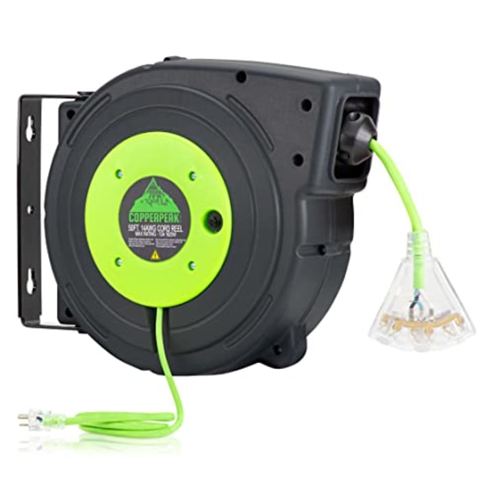 CopperPeak Tools Retractable Extension Cord Reel - 50 ft 14AWG- 3 Electric Power Outlets - Ceiling or Wall Mount - Green and Grey