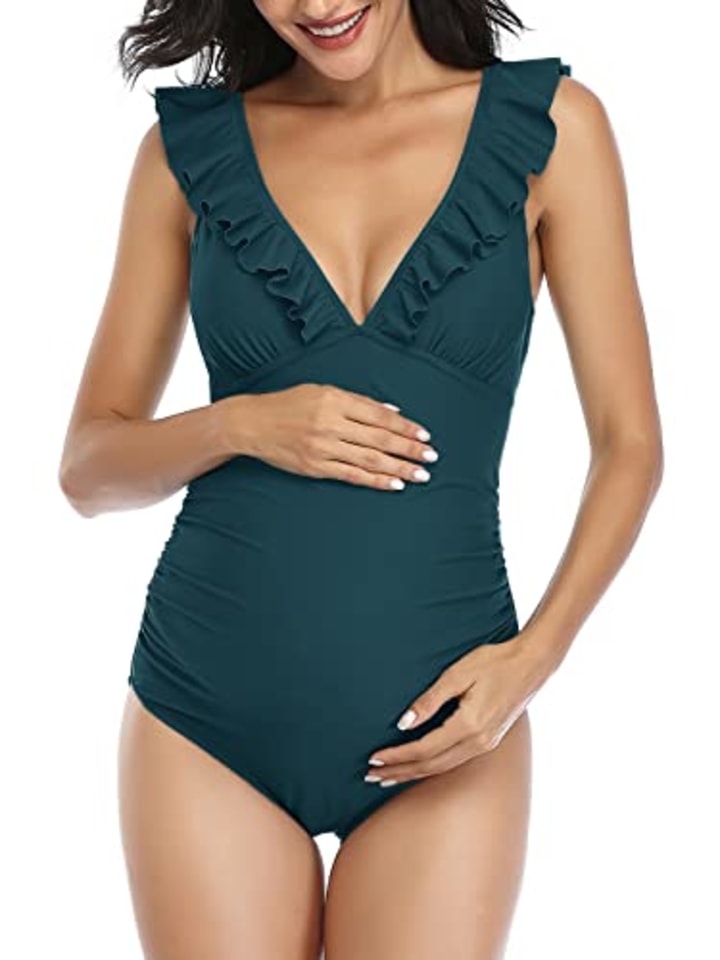 Maternity Swimsuit V Neck One Piece Swimsuit Ruffled Lace Up Monokini Peacock Blue M