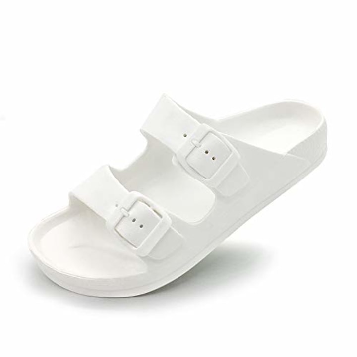 FUNKYMONKEY Women&#039;s Comfort Slides Double Buckle Adjustable EVA Flat Sandals (8 M US-Women, White)