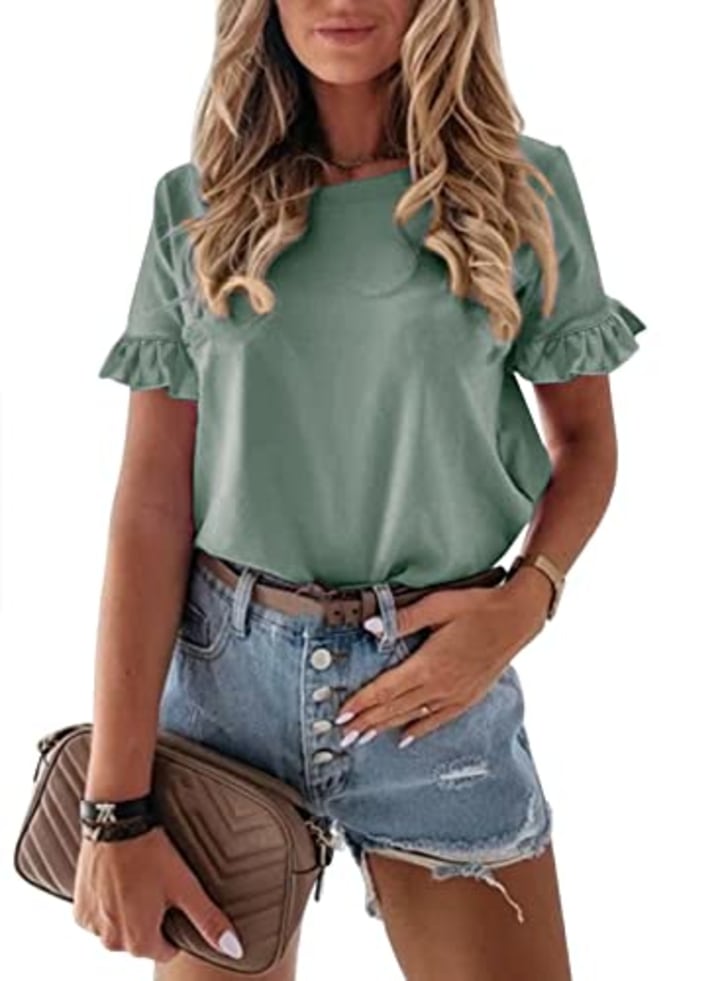 PRETTYGARDEN Women&#039;s Short Sleeve Casual T Shirts Summer Ruffle Plain Round Neck Loose Fit Tee Blouse Tops (Green,Large)
