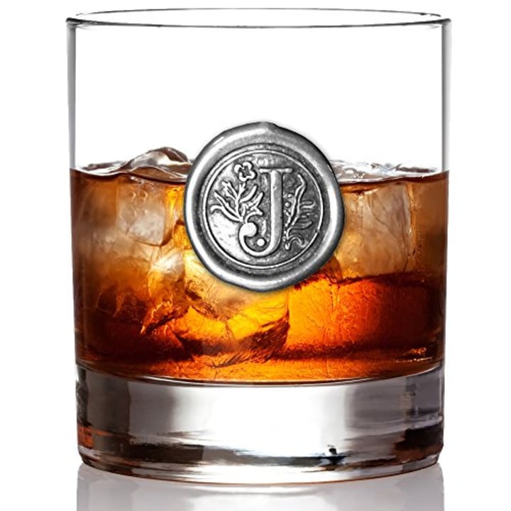 English Pewter Company 11oz Old Fashioned Whiskey Rocks Glass With Monogram Initial - Unique Gifts For Men - Personalized Gifts With Your Choice of Initial (J) MON110
