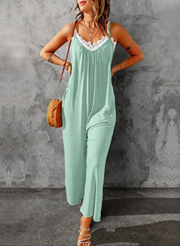 Happy Sailed Casual Jumpsuits for Women Summer Sleeveless Classic Solid Color Romper Playsuits Sexy Backless Casual Loose Wide Leg Pants Romper Green Small