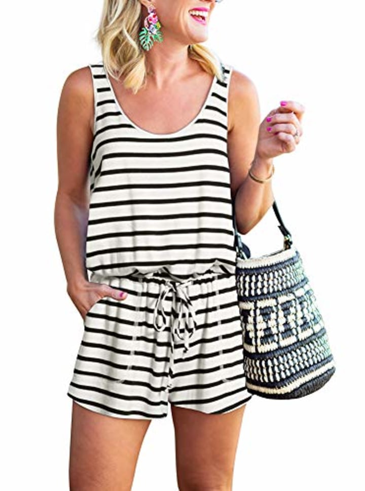 REORIA Womens Casual Summer One Piece Sleeveless Tank Top Striped Playsuits Workout Yoga Short Jumpsuit Beach Rompers White+Black Small