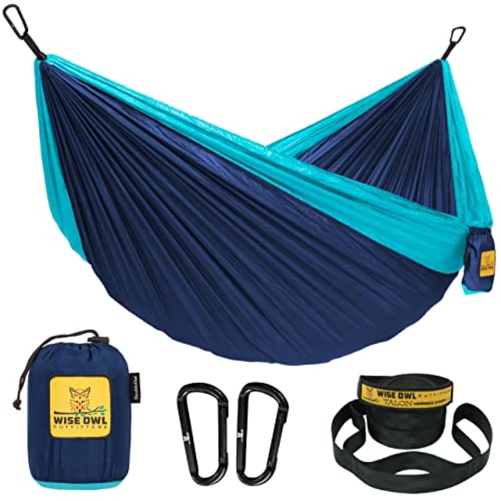 Wise Owl Outfitters Hammock for Camping Single Hammocks Gear for The Outdoors Backpacking Survival or Travel - Portable Lightweight Parachute Nylon SO Navy Blue &amp; Light Blue