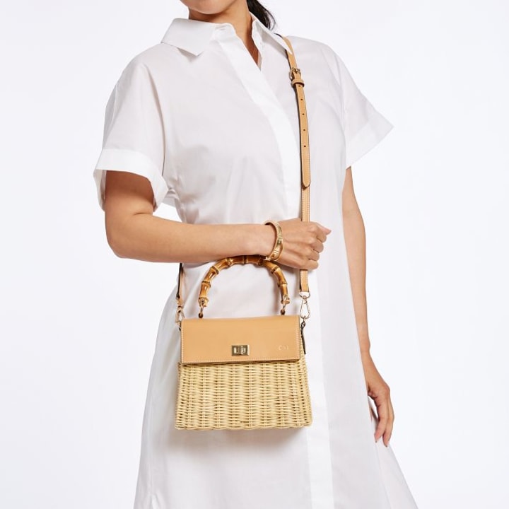 Wicker &amp; Leather Crossbody Bag With Bamboo Handles