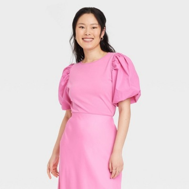 Women&#039;s Puff Short Sleeve T-Shirt - A New Day(TM) Pink L