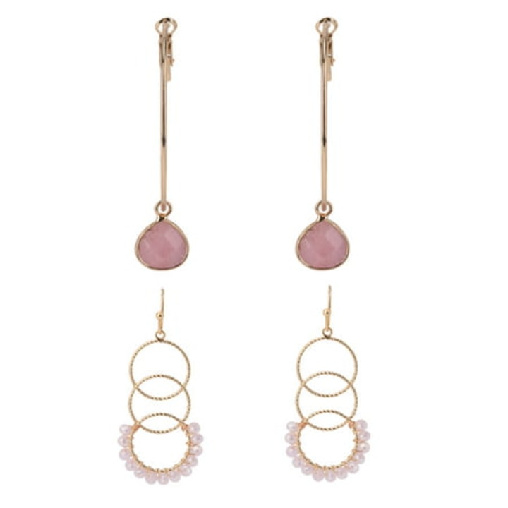 The Pioneer Woman - Women&#039;s Jewelry, Gold-tone Textured Metal Glass Bead and Semi Precious Drop Duo Earring Set