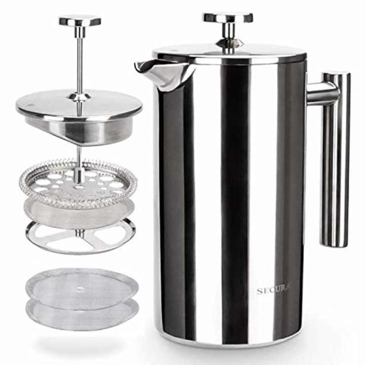 Secura French Press Coffee Maker, 304 Grade Stainless Steel Insulated Coffee Press with 2 Extra Screens, 34oz (1 Litre), Silver