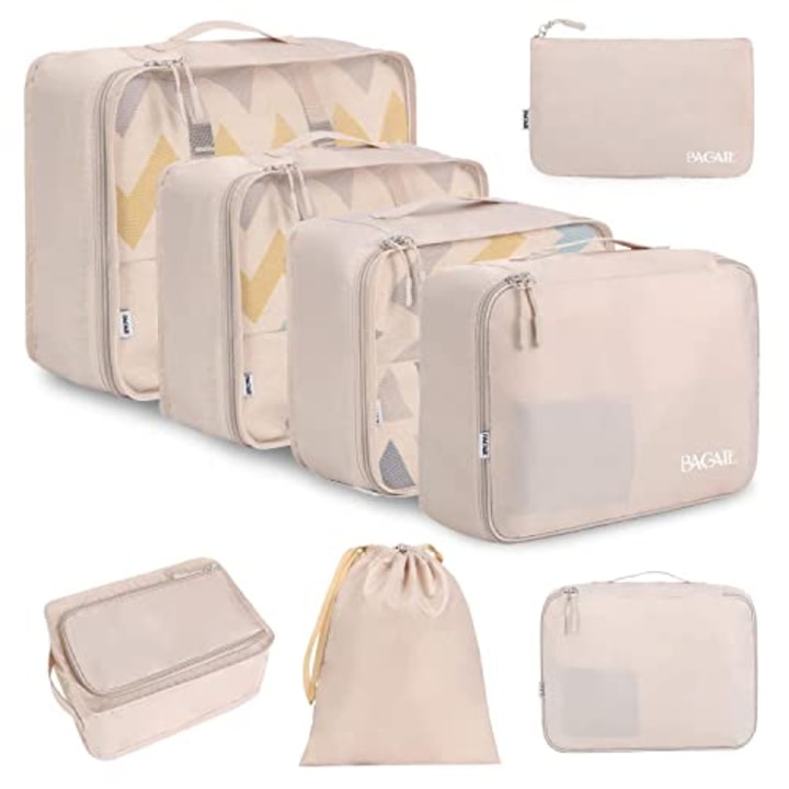 BAGAIL 8 Set Packing Cubes, Lightweight Travel Luggage Organizers with Shoe Bag, Toiletry Bag &amp; Laundry Bag (Cream)