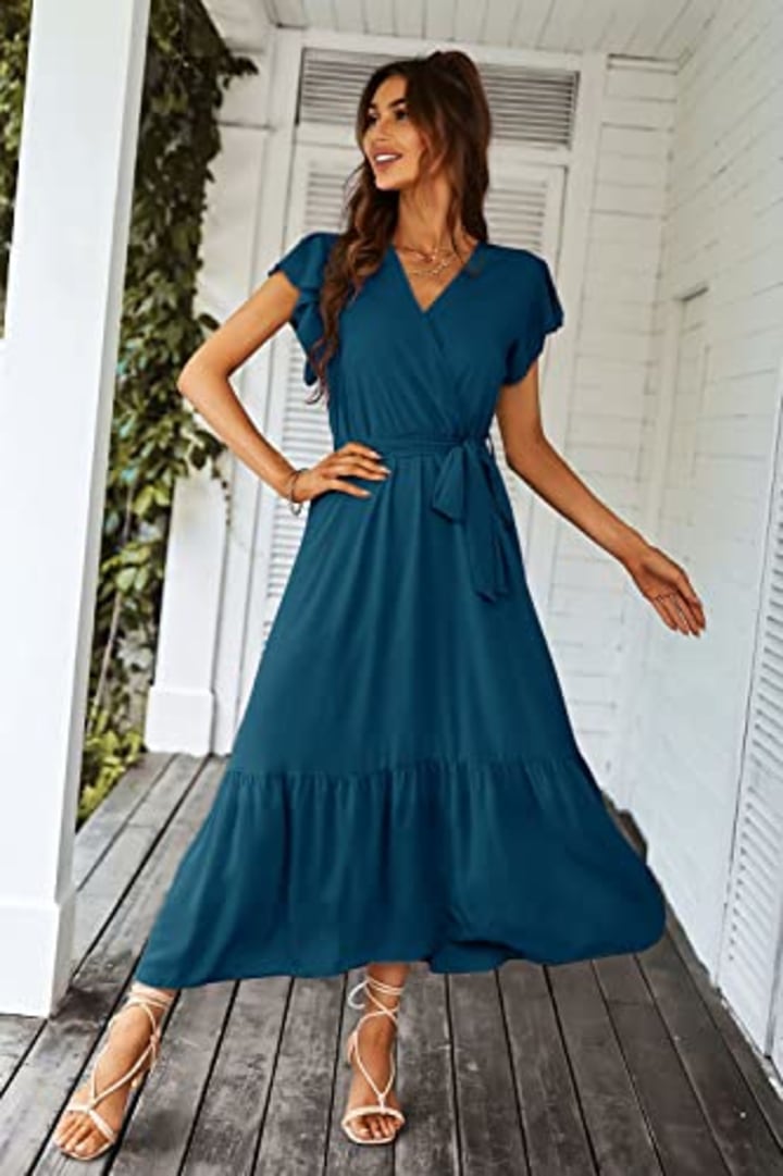 PRETTYGARDEN Women&#039;s 2023 Floral Summer Dress Wrap V Neck Short Sleeve Belted Ruffle Hem A-Line Bohemian Maxi Dresses (Solid Lake Blue,Medium)