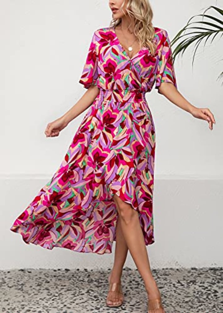 Kormei Women Short Sleeve V Neck Floral High Low Flowy Summer Party Long Maxi Dress M Purple/Pink Floral