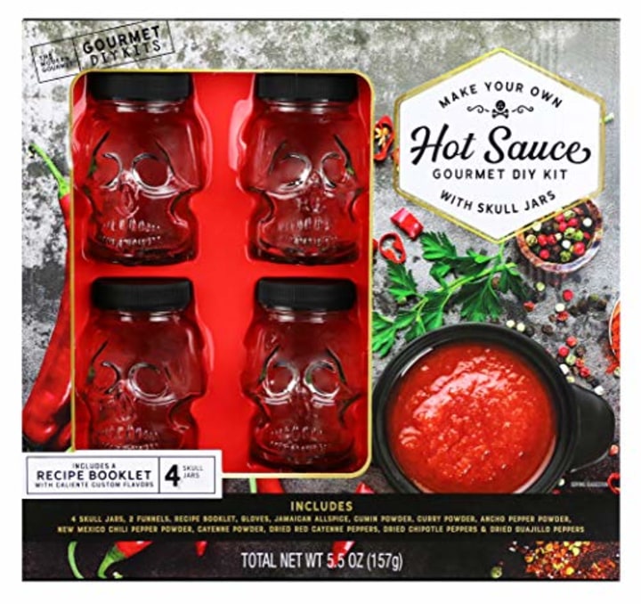Thoughtfully Gifts, DIY Hot Sauce Kit, 0.42 Ounces - 1.0 Ounce, Includes 4 Skull Jars, 2 Funnels, Recipe Book, Gloves and Seasonings