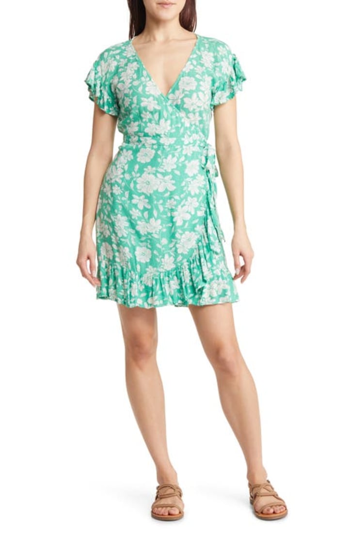 Billabong x Sun Chasers Wrap &amp; Roll Floral Ruffle Wrap Minidress in Sweet Grass at Nordstrom, Size Small