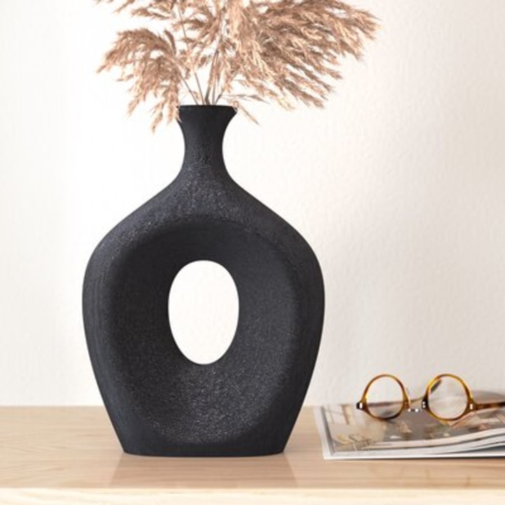 Mercury Row(R) 13&quot; Ceramic Oval Vase - Contemporary Glam Abstract Cut-Out Vase in Beaded Black - Creative Home or Office Decorative Table Accent
