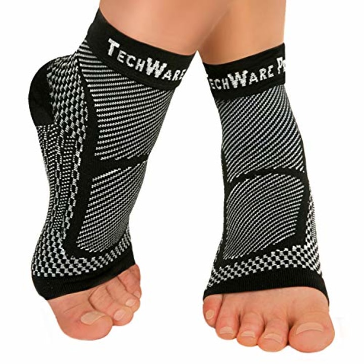 TechWare Pro Ankle Brace Compression Sleeve - Relieves Achilles Tendonitis, Joint Pain. Plantar Fasciitis Foot Sock with Arch Support Reduces Swelling &amp; Heel Spur Pain. (Black, L/XL)