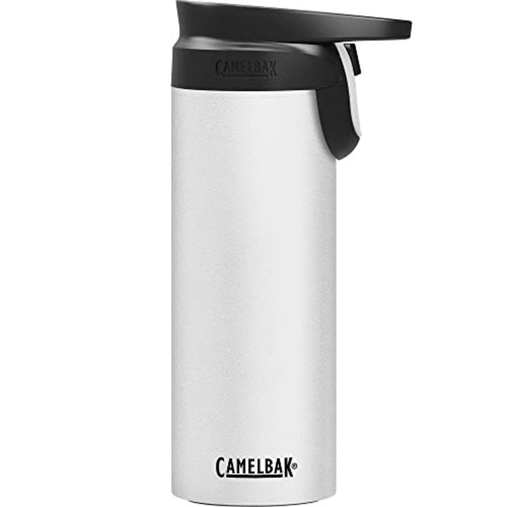 CamelBak Forge Flow Coffee &amp; Travel Mug, Insulated Stainless Steel - Non-Slip Silicon Base - Easy One-Handed Operation - 16oz, White