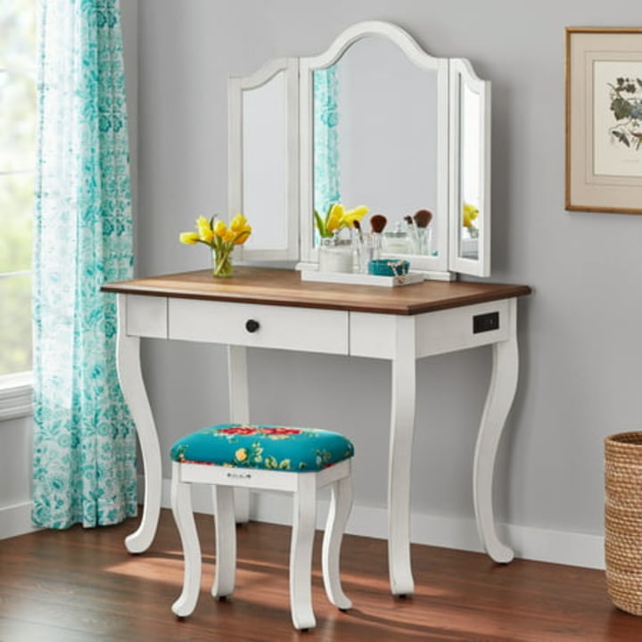 The Pioneer Woman Vanity Set and Stool with Tri-Fold Mirror, White