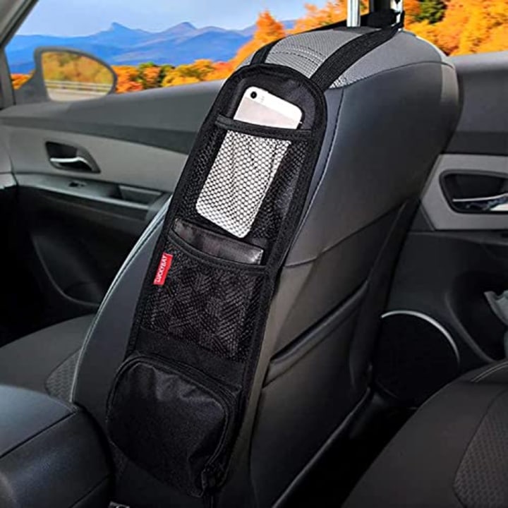 Luckybay Car Seat Side Organizer, Auto Seat Storage Hanging Bag, Phones, Drink, Stuff Holder with Mesh Pocket for Cars, SUV &amp; Truck (Black)
