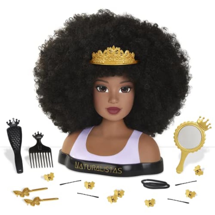 Naturalistas Peety Deluxe Crown and Coils Fashion Styling Head, 4A Textured Hair, 19 Accessories, Designed and Developed by Purpose Toys