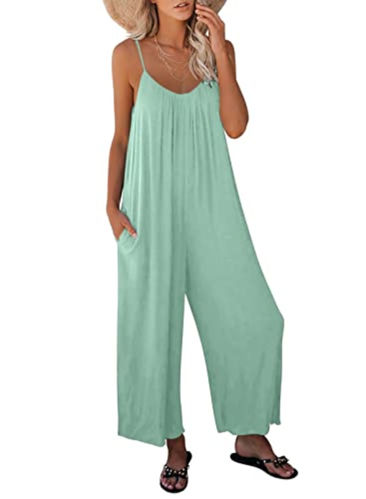 Dokotoo Women&#039;s Loose Jumpsuits for Women Adjustable Spaghetti Strap Stretchy Wide Leg Solid One Piece Sleeveless Long Pant Romper Jumpsuit with Pockets Green Small