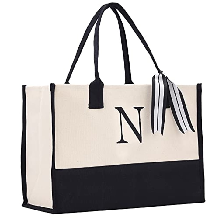 Monogram Tote Bag with 100% Cotton Canvas and a Chic Personalized Monogram (Black Block Letter - N)