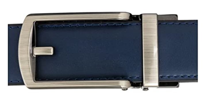 CANDOR AND CLASS Leather Ratchet Belt for Women, Trim to Fit 18&quot;- 44&quot; Waist, Automatic Slide Buckle, No Holes, Gift Box (W726 Gunmetal/Navy 30mm width, Small)