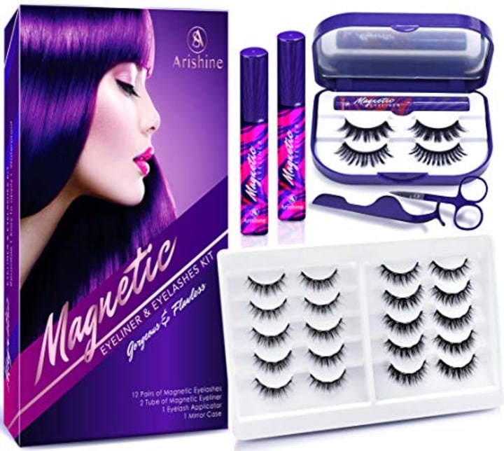 Arishine 3D 5D Magnetic Eyelashes with Eyeliner Kit, 10-Pair Reusable Natural Magnetic Lashes, 2 Pair Fluffy magnetic Eyelashes, 2 Tubes of Magnetic Eyeliner with Scissors Tweezers &amp; Mirror Case
