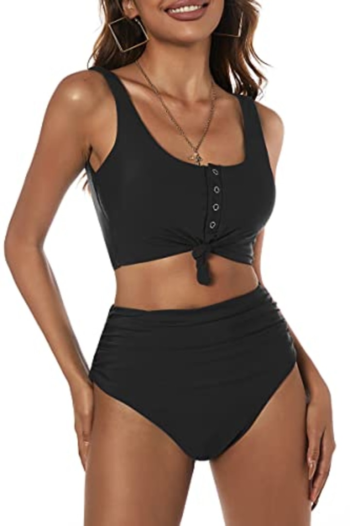 ZAFUL Women&#039;s Knotted Front Tankini Set High Waisted Bikini Scoop Neck Two Pieces Swimsuit (Black, XL)