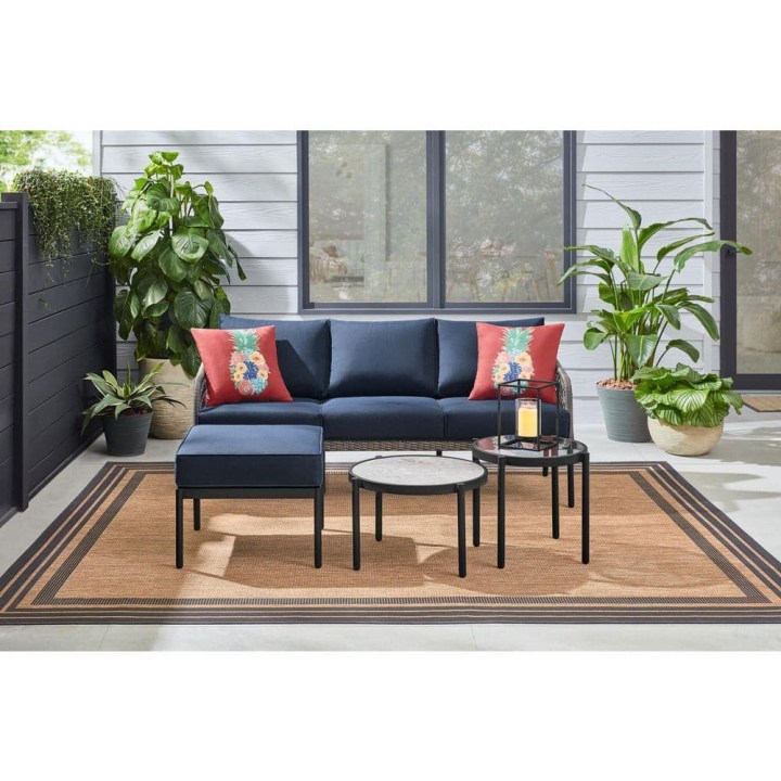 StyleWell Parker Mill Black 4-Piece Metal Patio Seating Set with Porter Midnight Cushions