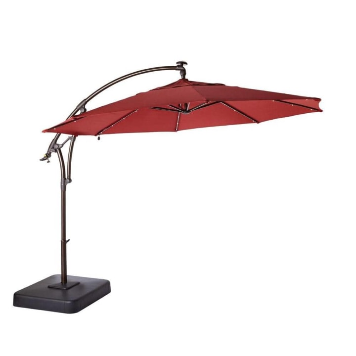 Hampton Bay 11 ft. Cantilever Solar LED Offset Outdoor Patio Umbrella in Chili Red