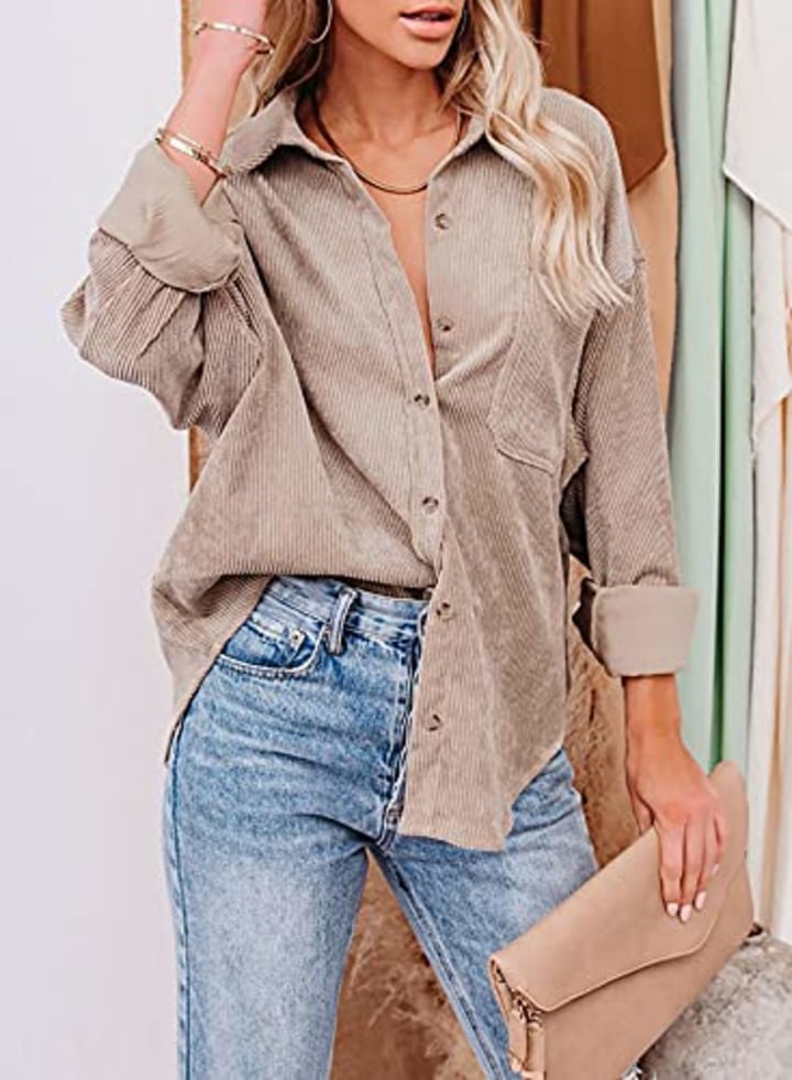 Astylish Womens Corduroy Shirts Button Down V Neck Long Sleeve Blouse Casual Roll Up Cuffed Tops with Pockets Light Brown S