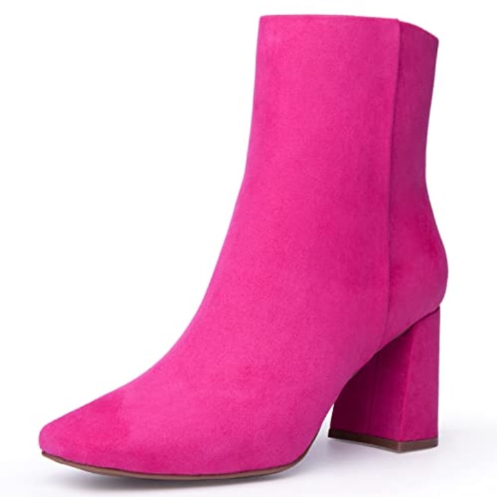 JORYA Women's Fashion Ankle Boots Square Toe Suede Side Zipper Chunky Block Heel Hot Pink Booties (Pink 10)