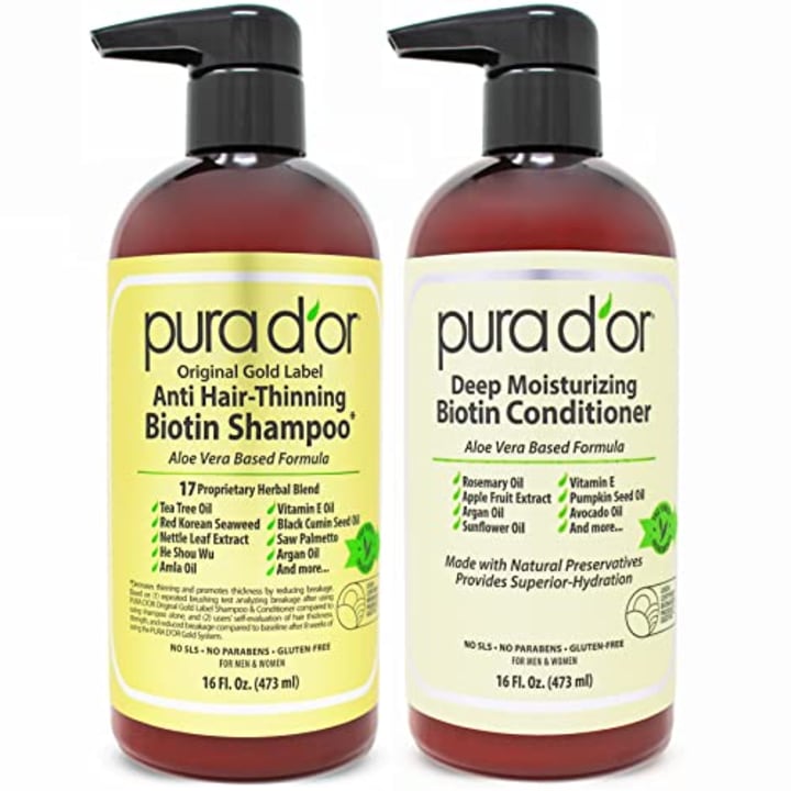 PURA D&#039;OR Anti-Thinning Biotin Shampoo and Conditioner Natural Earthy Scent,Clinically Tested Proven Results DHT Blocker Thickening Products For Women &amp; Men,Original Gold Label Hair Care Set 16oz x2