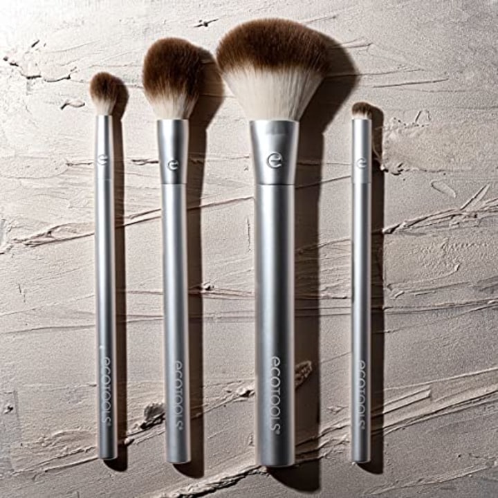 EcoTools Precious Metals Cheek &amp; Eye Highlight Makeup Brush Kit, for Eyeshadow, Blush, &amp; Powder Products, Eco Friendly, Cruelty Free Face Brushes, Recycled Aluminum, Chrome, 4 Piece Set