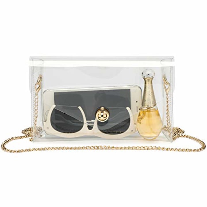 Vorspack Clear Purse Gift for Women Stadium Approved Clear Crossbody Bag Cute for Sports Concert Prom Party Present with Removable &amp; Detachable Golden Chain