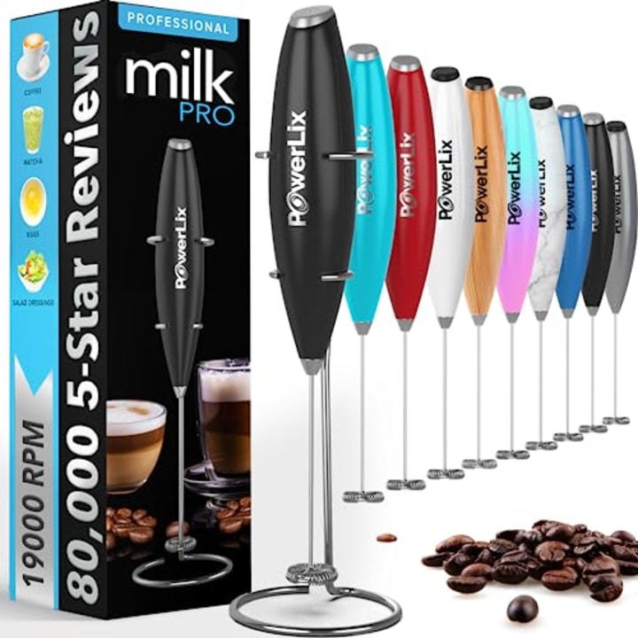 PowerLix Powerful Handheld Milk Frother With Stand Battery Operated Foam Maker Frother Wand For Coffee, Latte, Cappuccino, Hot Chocolate, Mini Drink Mixer Stainless Steel Whisk