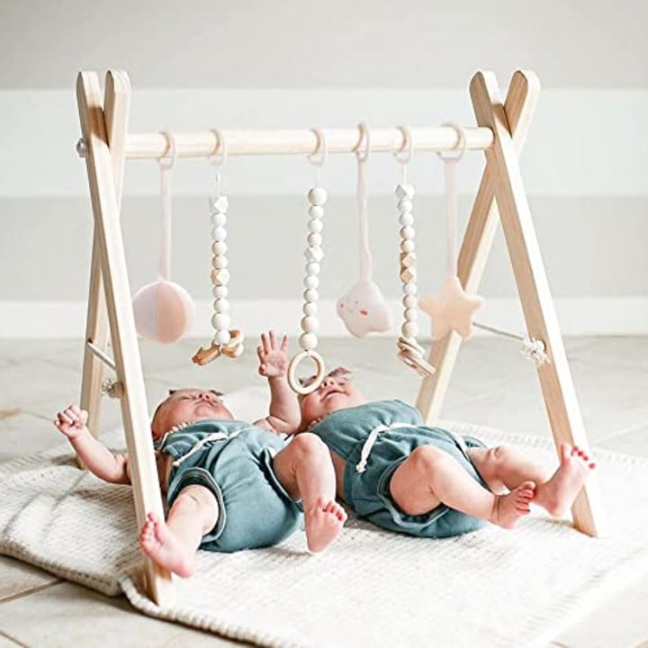 funny supply Wooden Baby Gym with 6 Gym Toys Foldable Baby Play Gym Frame Activity Center Hanging Bar Newborn Gift