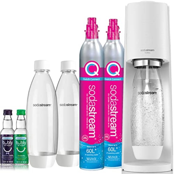 SodaStream Terra Sparkling Water Maker Bundle (White), with CO2, DWS Bottles, and Bubly Drops Flavors