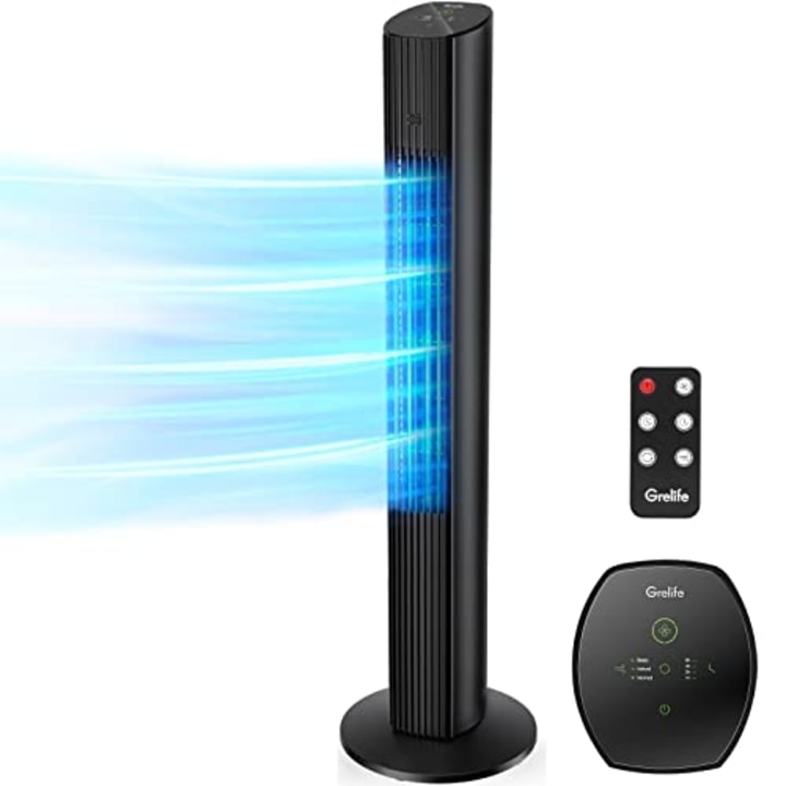 Grelife 36&#039;&#039; Tower Fan with Remote, 75? Oscillating Fan, Bladeless 3 Modes, Speeds, LED Display Auto Off, Quiet Cooling 12H Timer for Bedroom Living Room Office, Black