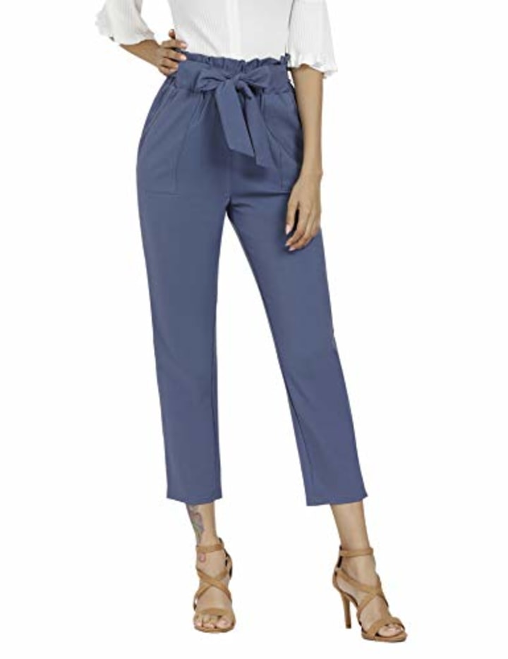 Freeprance Women&#039;s Pants Casual Trouser Paper Bag Pants Elastic Waist Slim Pockets BLG M Blue