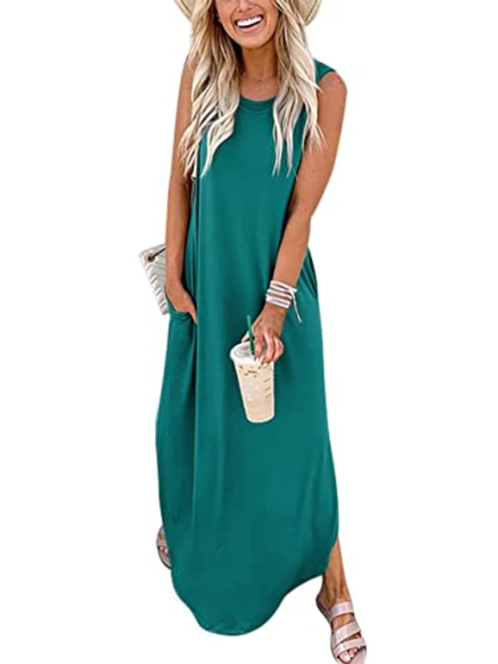 ANRABESS Casual Summer Solid Maxi Dress Crew Neck Sleeveless Loose T Shirt Long Dresses with Pockets A19walan-S