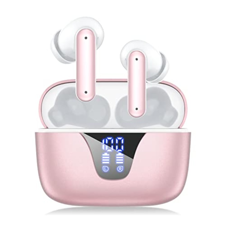 ZIUTY Wireless Earbuds, Bluetooth 5.3 Headphones 50H Playtime with LED Digital Display Charging Case, IPX5 Waterproof Earphones with Mic for Android iOS Cell Phone Computer Laptop Sports (Pink)