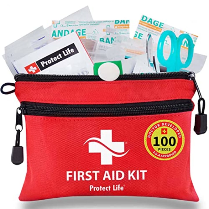 Protect Life First Aid Kit - 100 Piece Includes Tourniquet - Small First Aid Safety Kits for Camping, Hiking, Backpacking, Travel, Vehicle, Outdoors