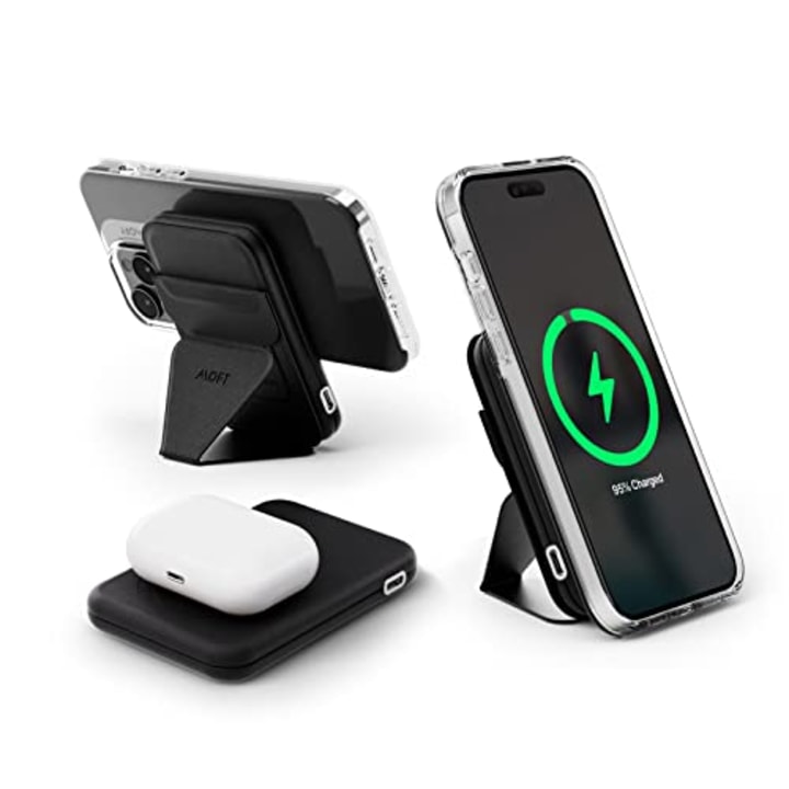MOFT Modular Magnetic Phone Stand Power Bank Set, Foldable Stand and Portable Wireless Charger with Magnetic USB-C Cable for iPhone 14/13/12 Series,Black