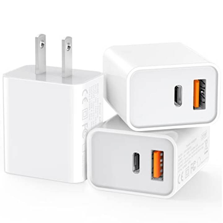 [3 Pack] USB-C Wall Charger, 20W Durable Dual Port QC+PD 3.0 Power Adapter, Double Fast Plug Charging Block for iPhone 14/14 Pro/14 Pro Max/14 Plus/13/12/11, XS/XR/X, Watch Series 8/7 Cube(White)
