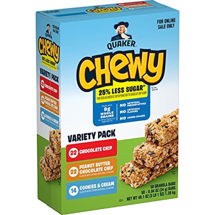 Quaker Chewy Lower Sugar Granola Bars, 3 Flavor Variety Pack, 58 Count (Pack of 1)