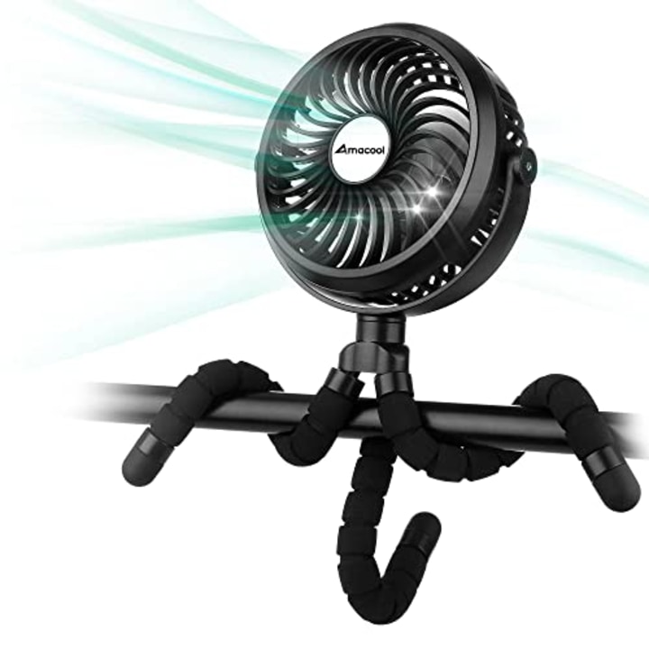 AMACOOL Battery Operated Stroller Fan Flexible Tripod Clip On Fan with 3 Speeds and Rotatable Handheld Personal Fan for Car Seat Crib Bike Treadmill (Black)